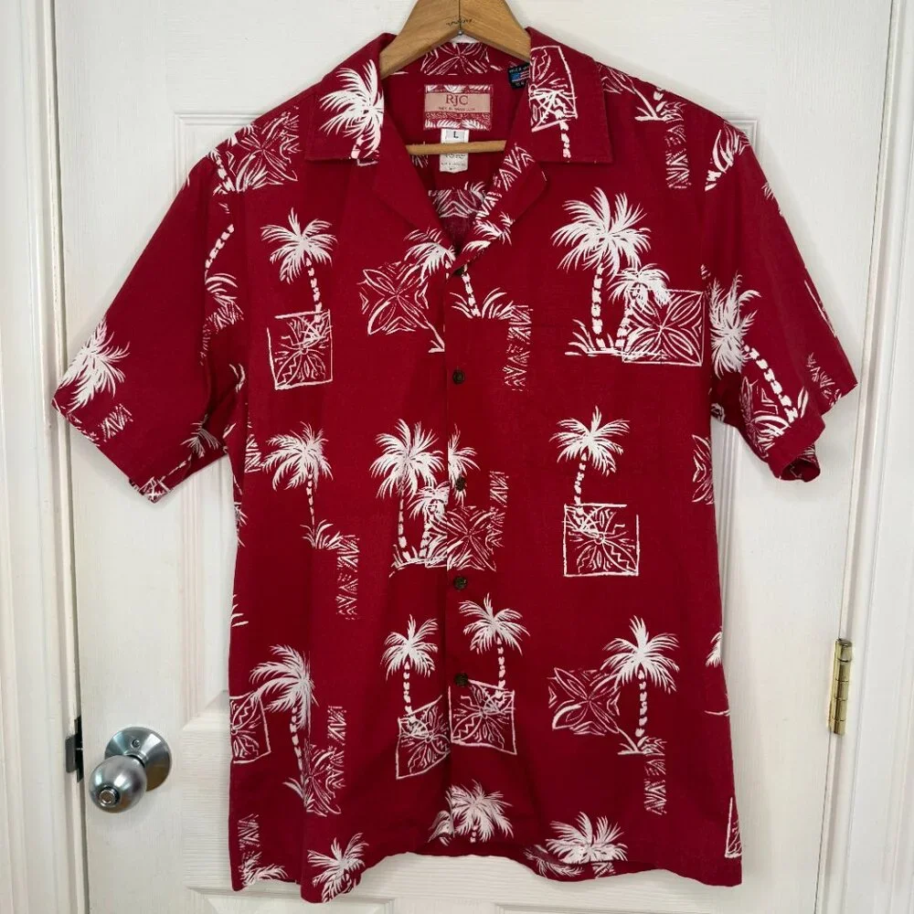 Vintage RJC Hawaiian Coconut Tree Cotton Shirt Made in Hawaii USA Size Large